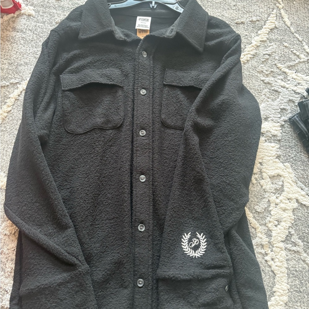 Black Button-Up Shirt with Embroidered Logo